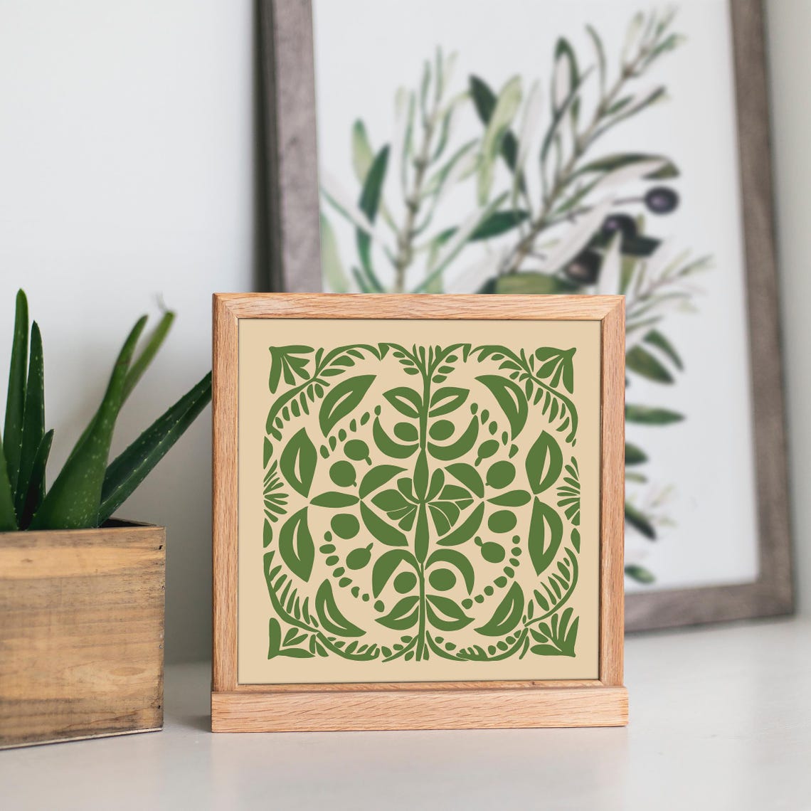 Green Cutout Botanical Symmetrical Square Folk Art Linocut Print - Image 4