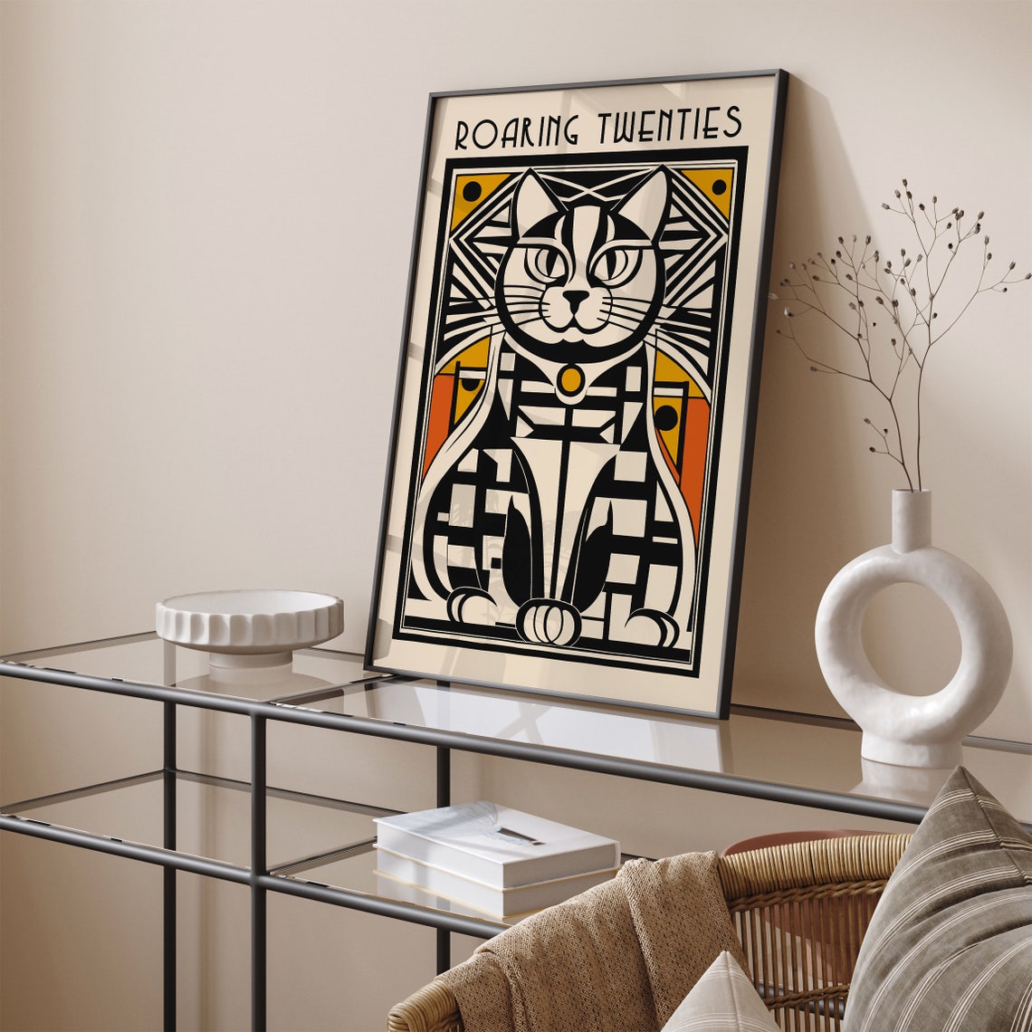 Art Deco Geometric Cat Roaring Twenties Black and Orange Poster - Image 5