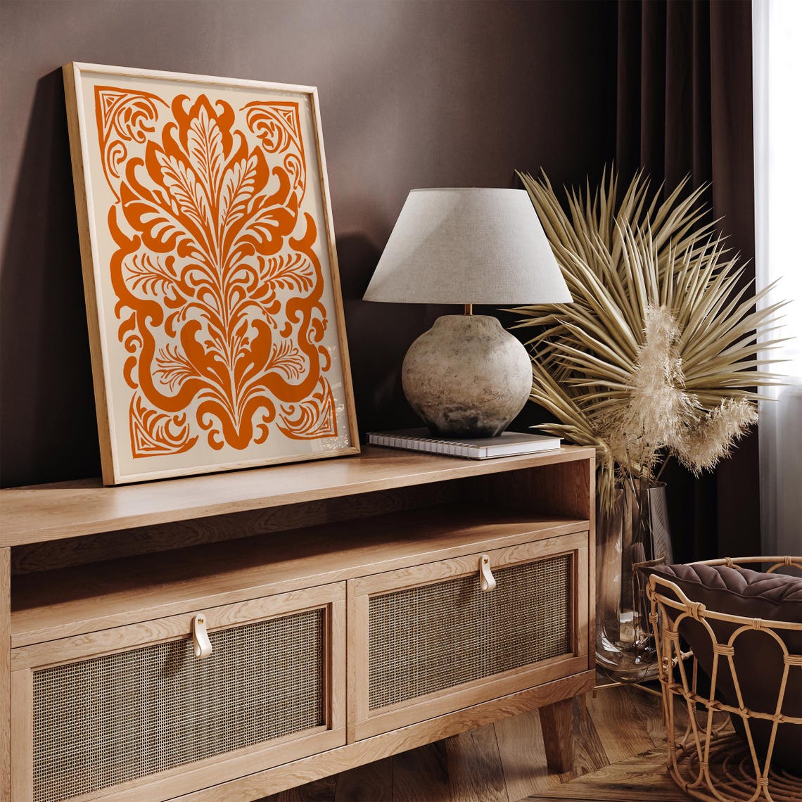 Ornate Burnt Orange Victorian Damask Pattern Poster On Cream - Image 3