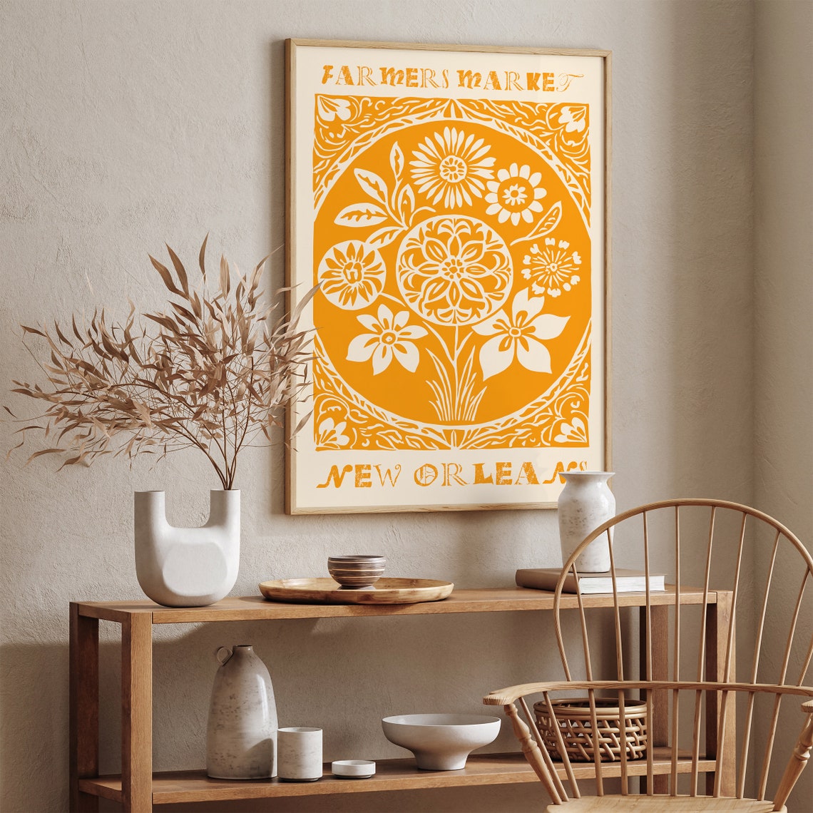 New Orleans Farmers Market Yellow Linocut Poster Vintage Art Print Louisiana Farmers Market Poster Kitchen Wall Art Local Souvenir Gift - Image 5
