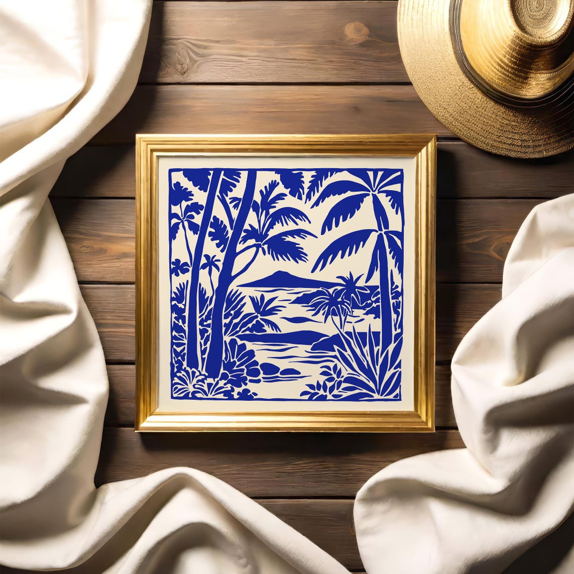 Hawaii Blue Ink Palm Lagoon Linocut Tropical Travel Art Poster - Image 3