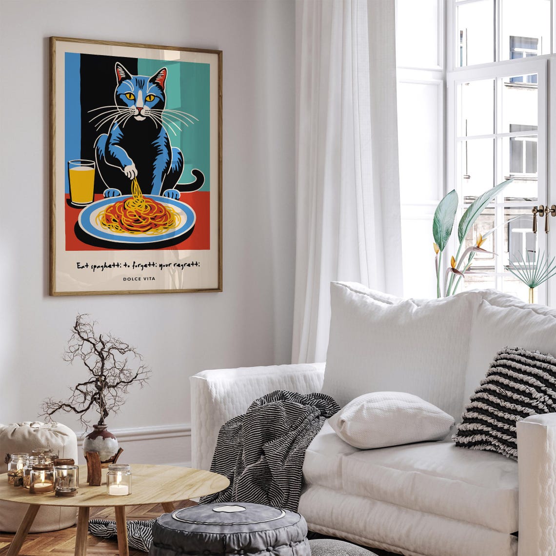 Blue Cat Spaghetti Poster Dolce Vita Eat Spaghetti To Forget Regretti - Image 5