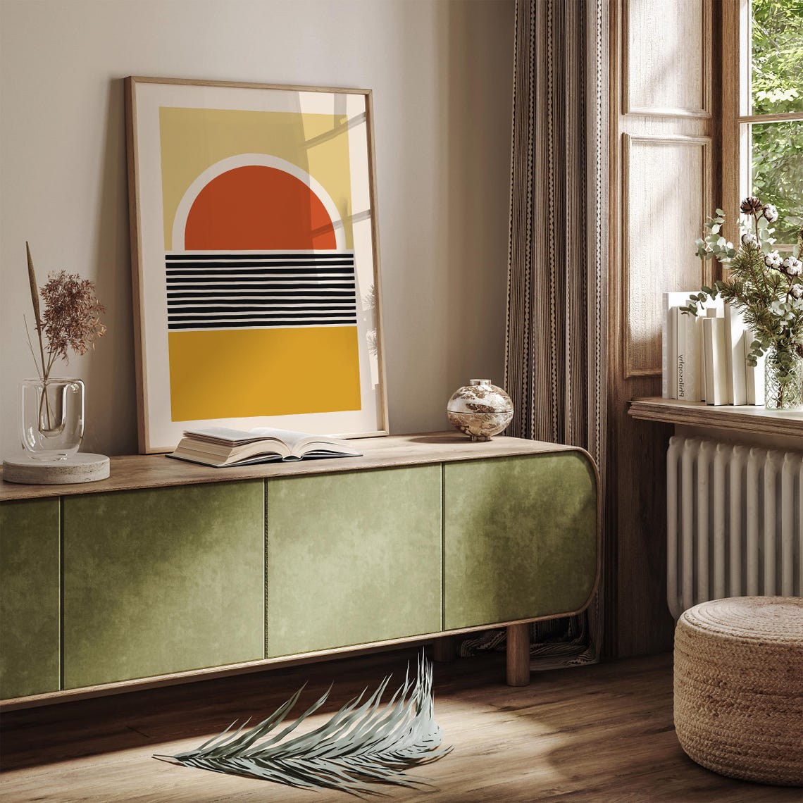 Mid Century Modern Geometric Sun Rising Over Striped Sea Poster - Image 3
