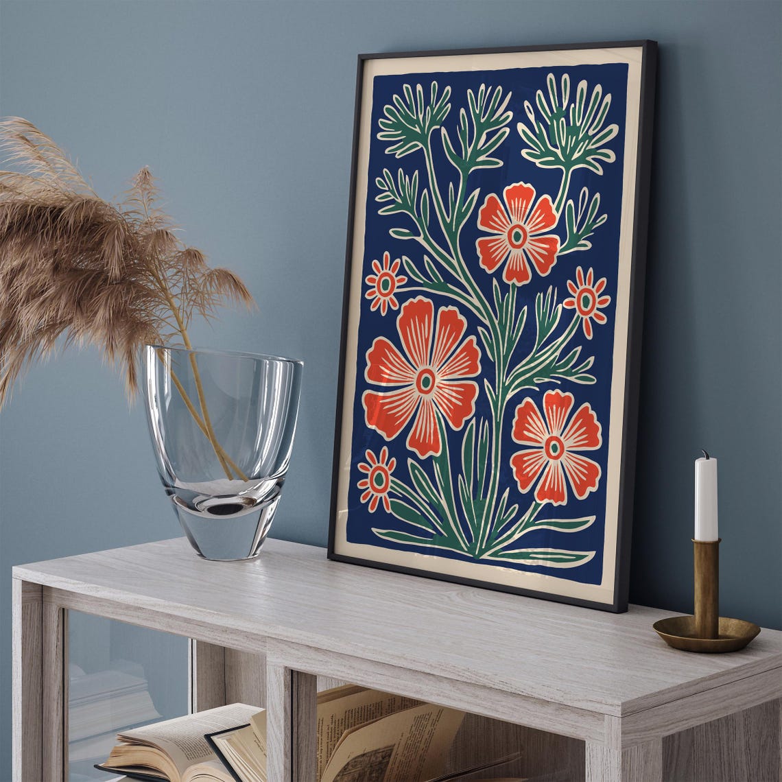 Coral Flower Bouquet on Navy Background Folk Art Botanical Poster - Image 2