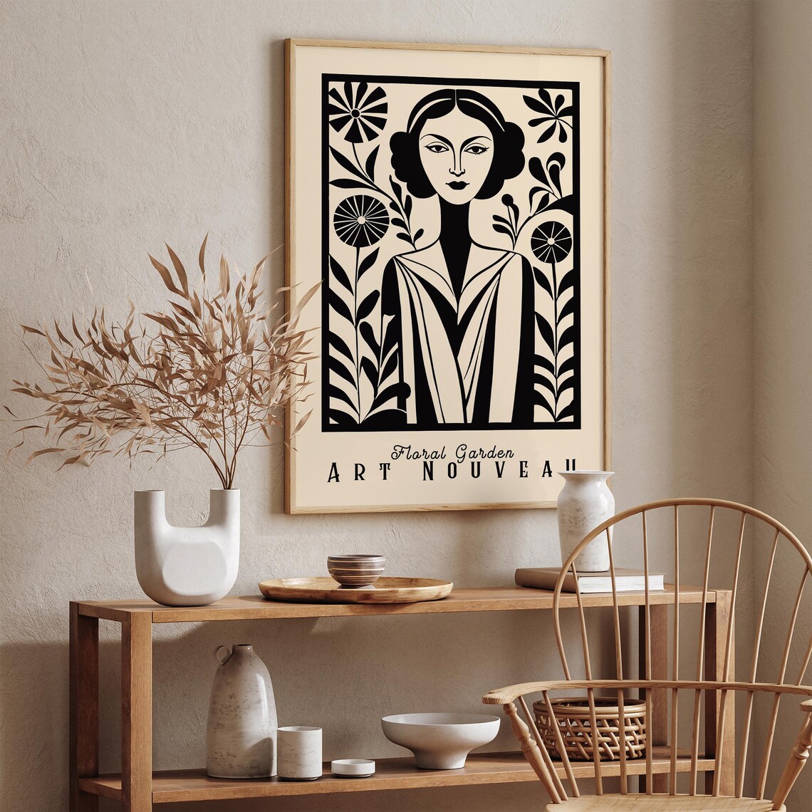 Art Nouveau Floral Garden Woman Poster Vintage Black Beige Wall Art Print Retro Botanical Lady Illustration Elegant Home Decoration - Image 2
