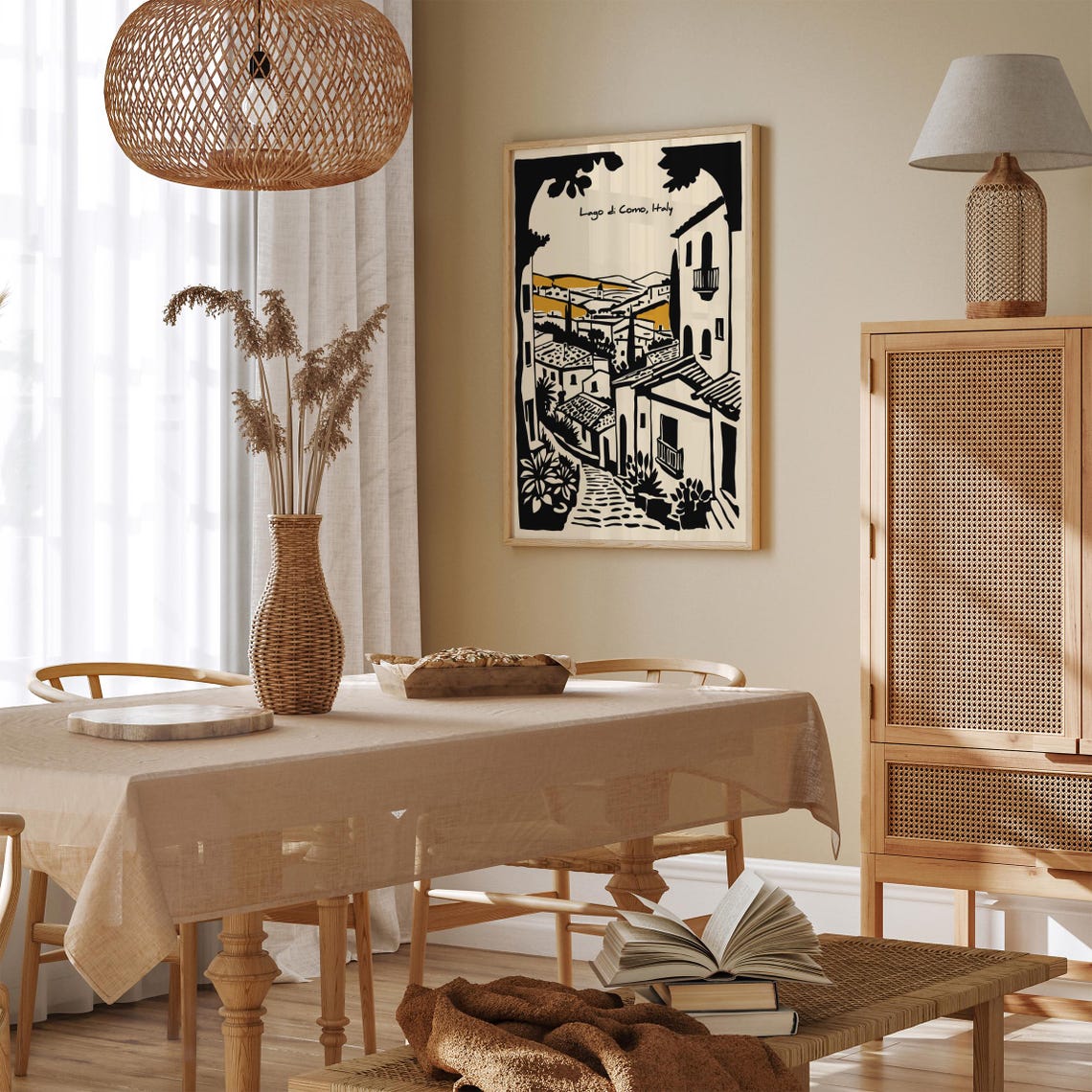 Romantic Lago Di Como Italy Village Street Poster In Black Ink - Image 2