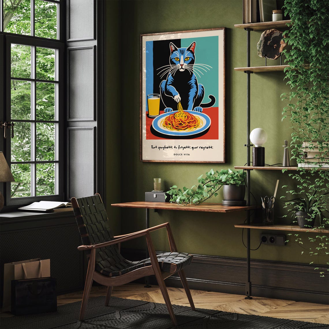 Blue Cat Spaghetti Poster Dolce Vita Eat Spaghetti To Forget Regretti - Image 3