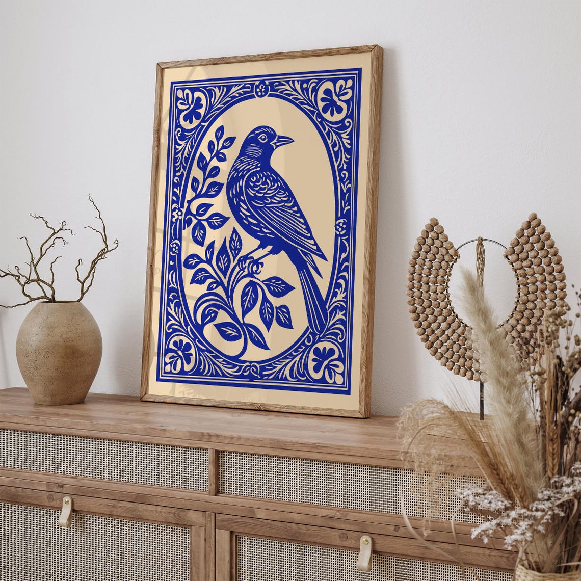 Cobalt Blue Songbird on Cream With Ornate Rococo Frame Poster - Image 2