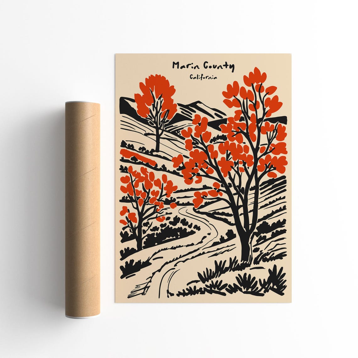 Marin County California Autumn Trees Retro Travel Landscape Poster