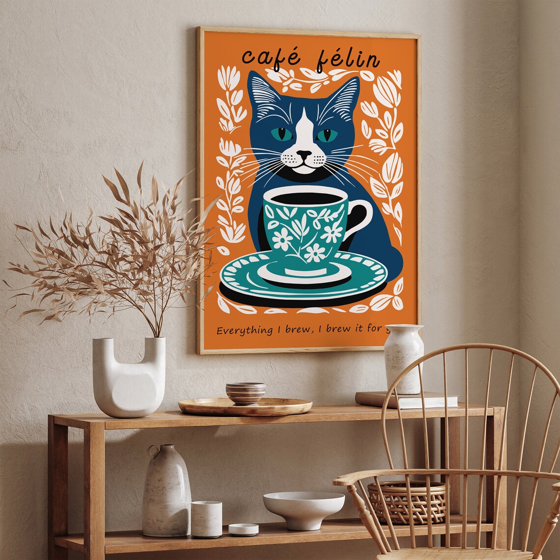 Café Félin Navy Cat With Floral Coffee Cup Vintage Wall Poster - Image 6