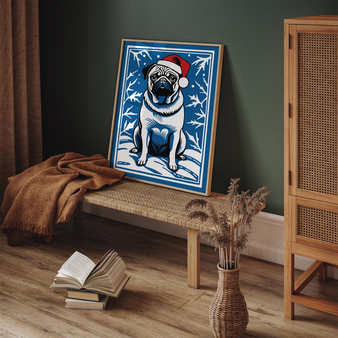 Cute Christmas Pug Dog in Santa Hat Blue Winter Scene Pet Poster - Image 5