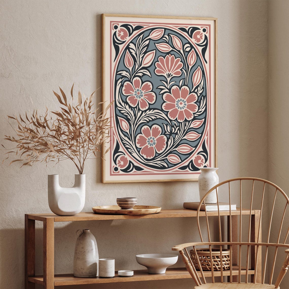 Pink Rococo Floral Oval in Soft Blue Romantic Botanical Poster - Image 2