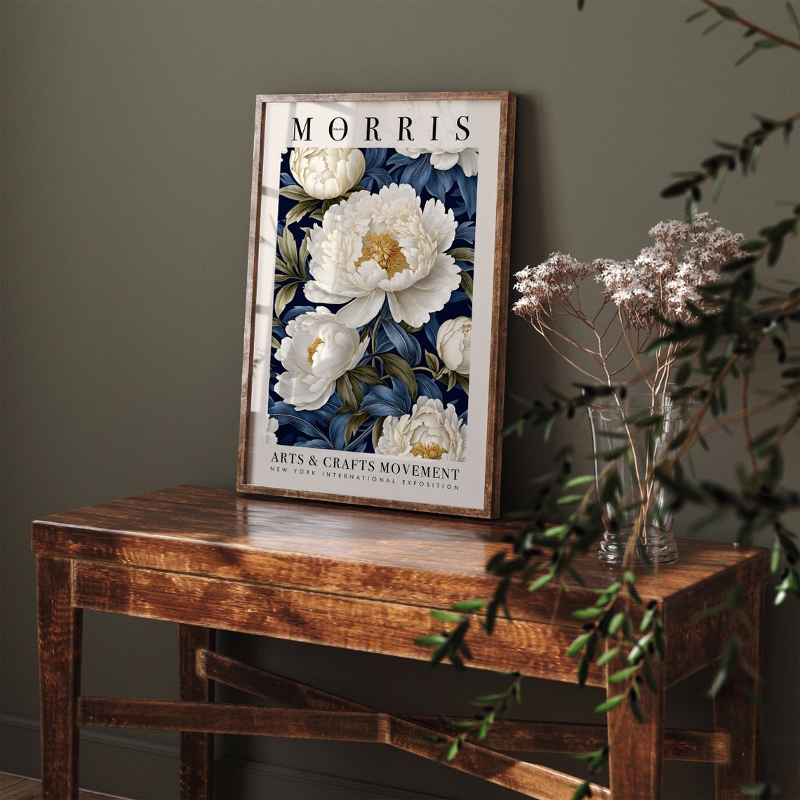 William Morris Arts and Crafts White Peony Navy Floral Poster - Image 5