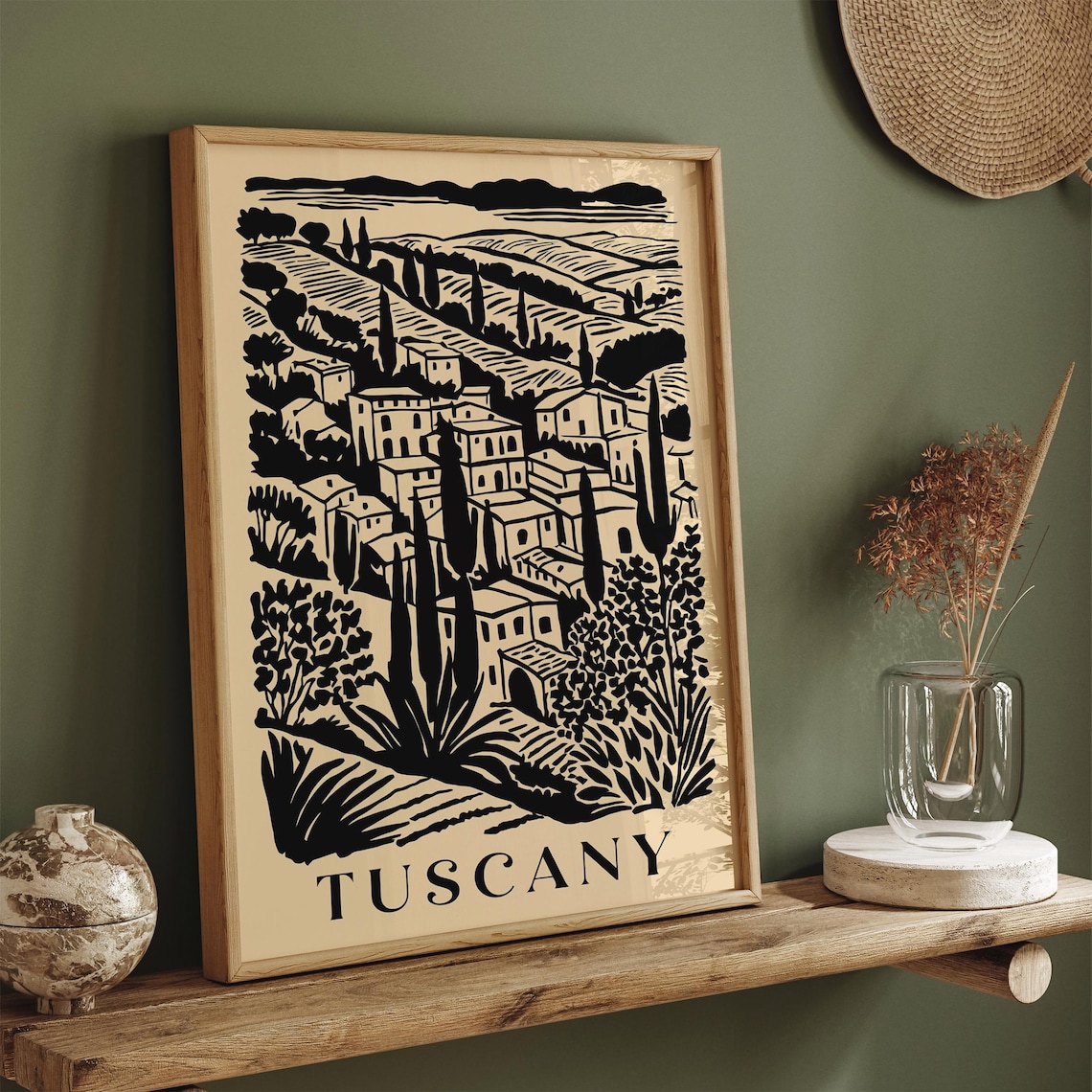 Tuscany Hill Town Black Ink Vintage Italy Travel Poster Rustic Decor