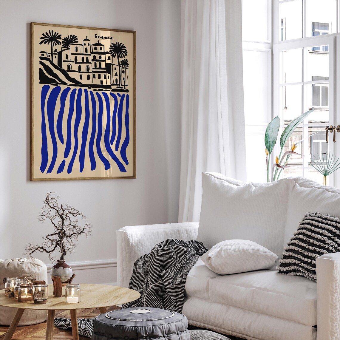 Greece Coastal Village Blue Black Striped Sea Waves Travel Poster - Image 5