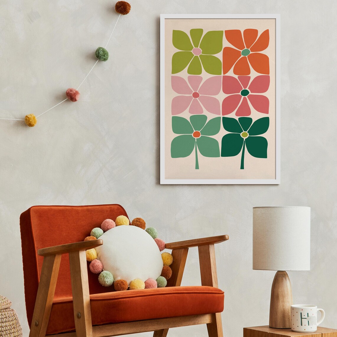 70s Retro Grid of Six Bold Colorful Flowers Floral Art Poster - Image 5
