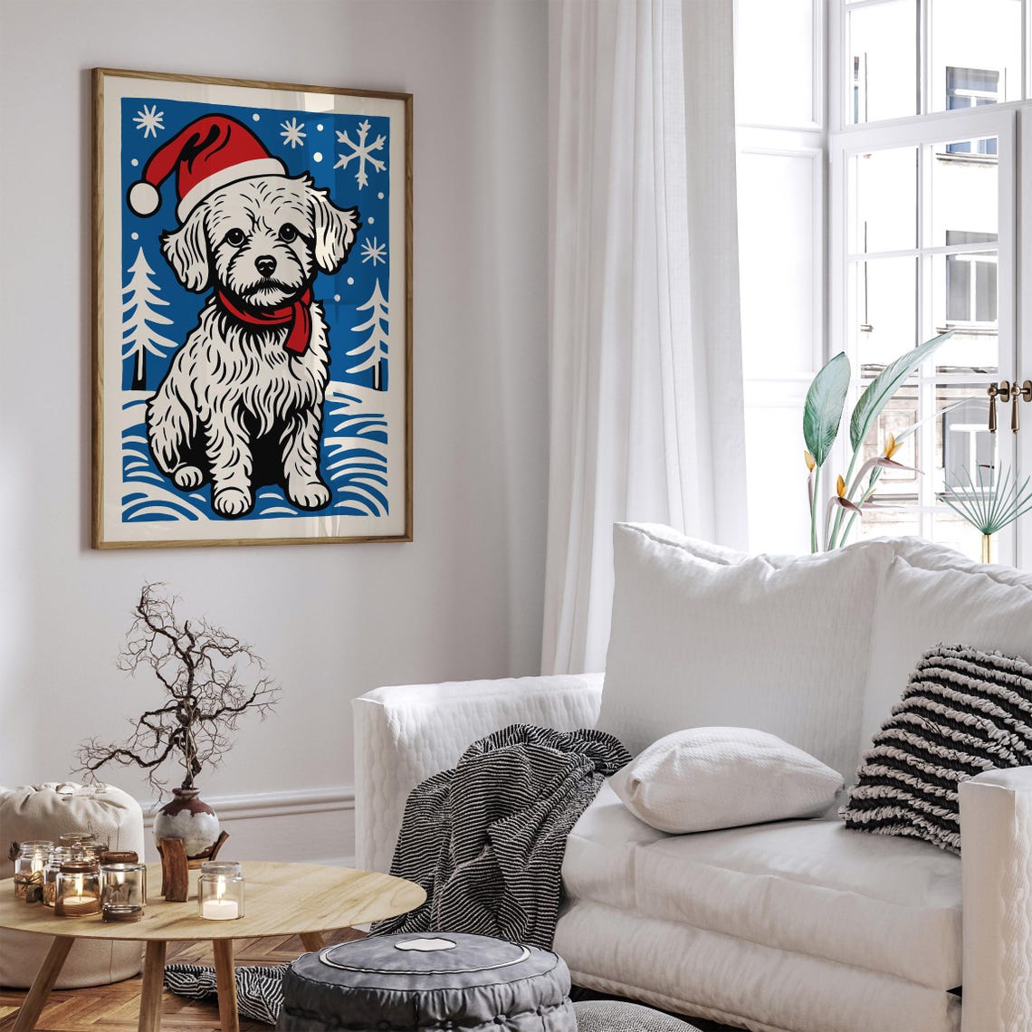 Cute Maltese Puppy in Santa Hat Snowy Blue Christmas Scene Poster - Image 5