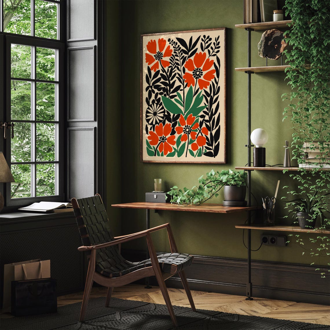 Retro Orange Poppy Floral Design with Bold Black Leaves Poster - Image 4