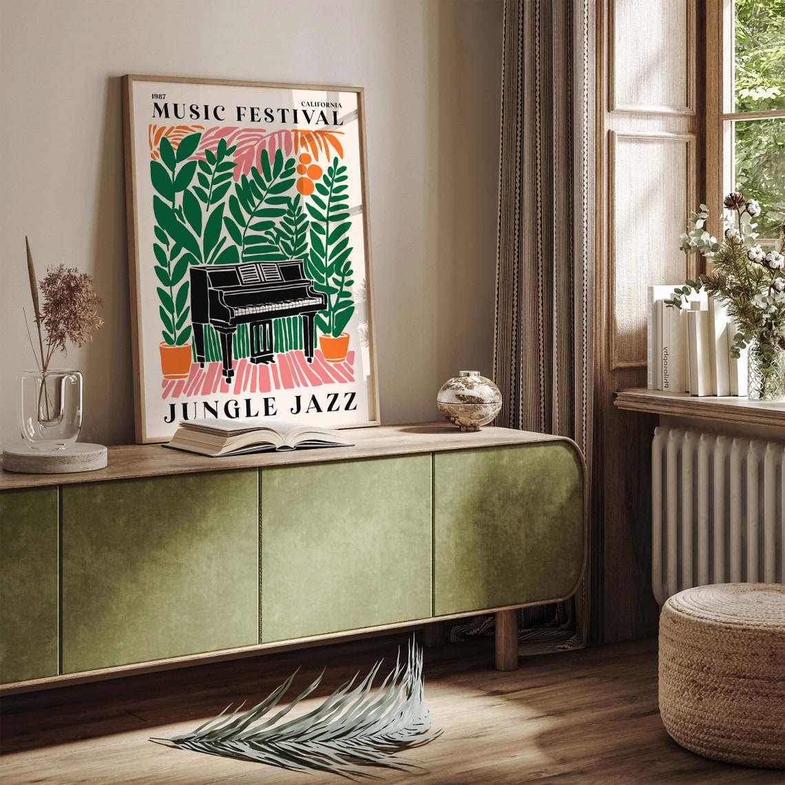 Colorful 1987 California Music Festival Jungle Jazz Poster Retro Piano Tropical Leaves Wall Art Music Wall Art Mailed Large Art Print - Image 2