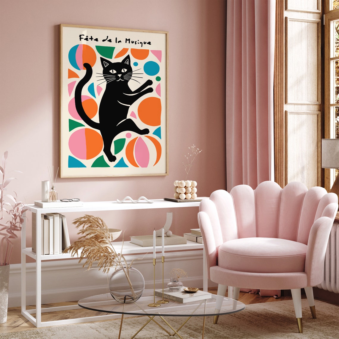 Fte De La Musique Retro Black Cat Poster Vibrant Abstract Art Colorful Geometric Art French Music Festival Wall Art Cat Lovers Gift - Image 3