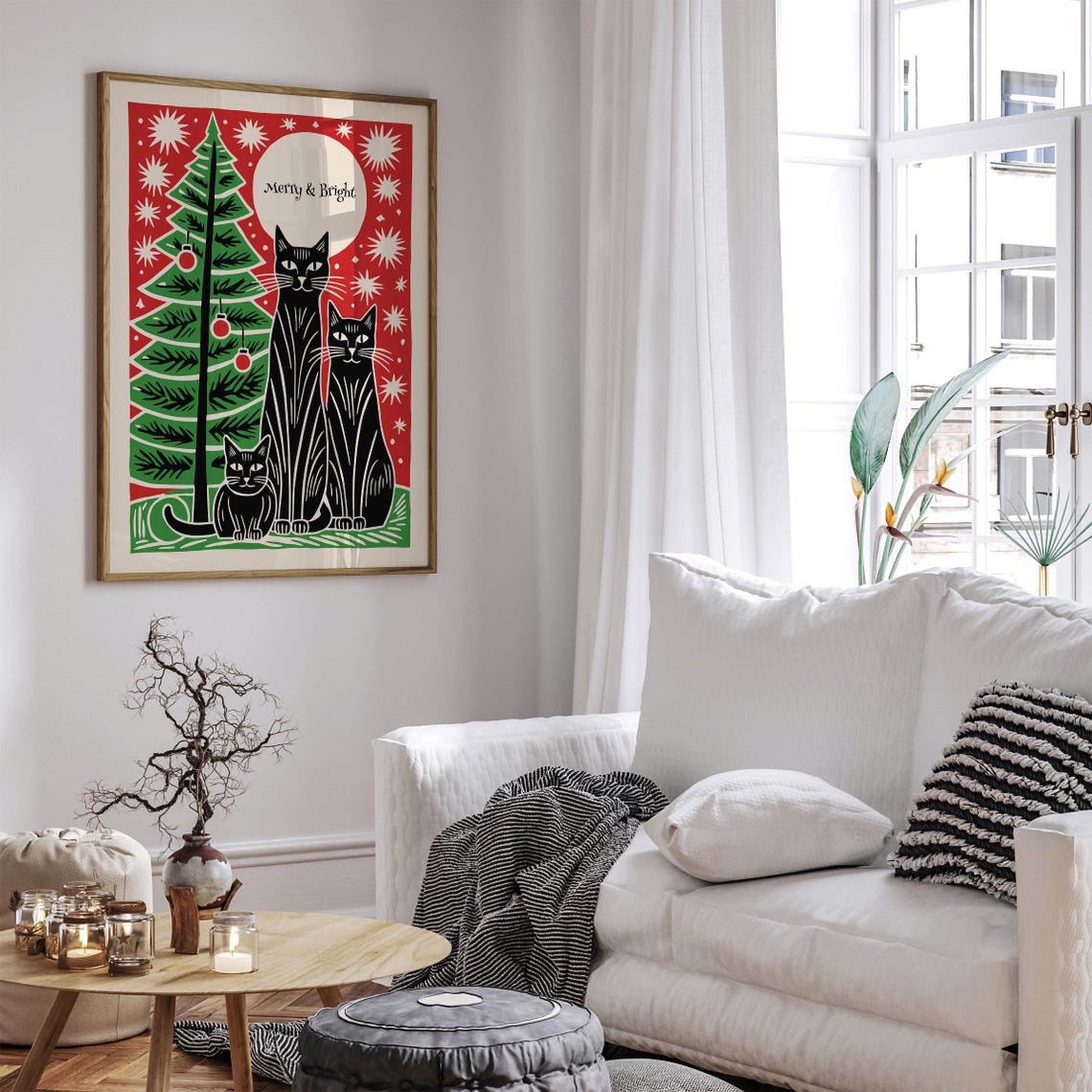Merry and Bright Christmas Cat Poster with Black Cats and Tree - Image 3