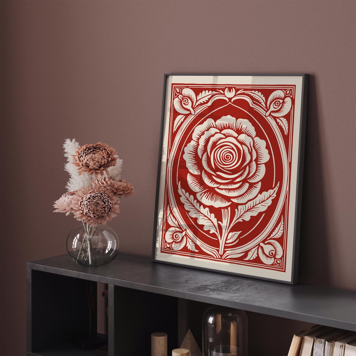 Red Rose Rococo Revival Woodcut Elegant Vintage Floral Poster - Image 6