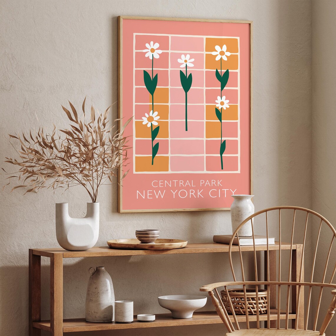Peach Retro Central Park New York City Daisies Floral Poster - Image 3