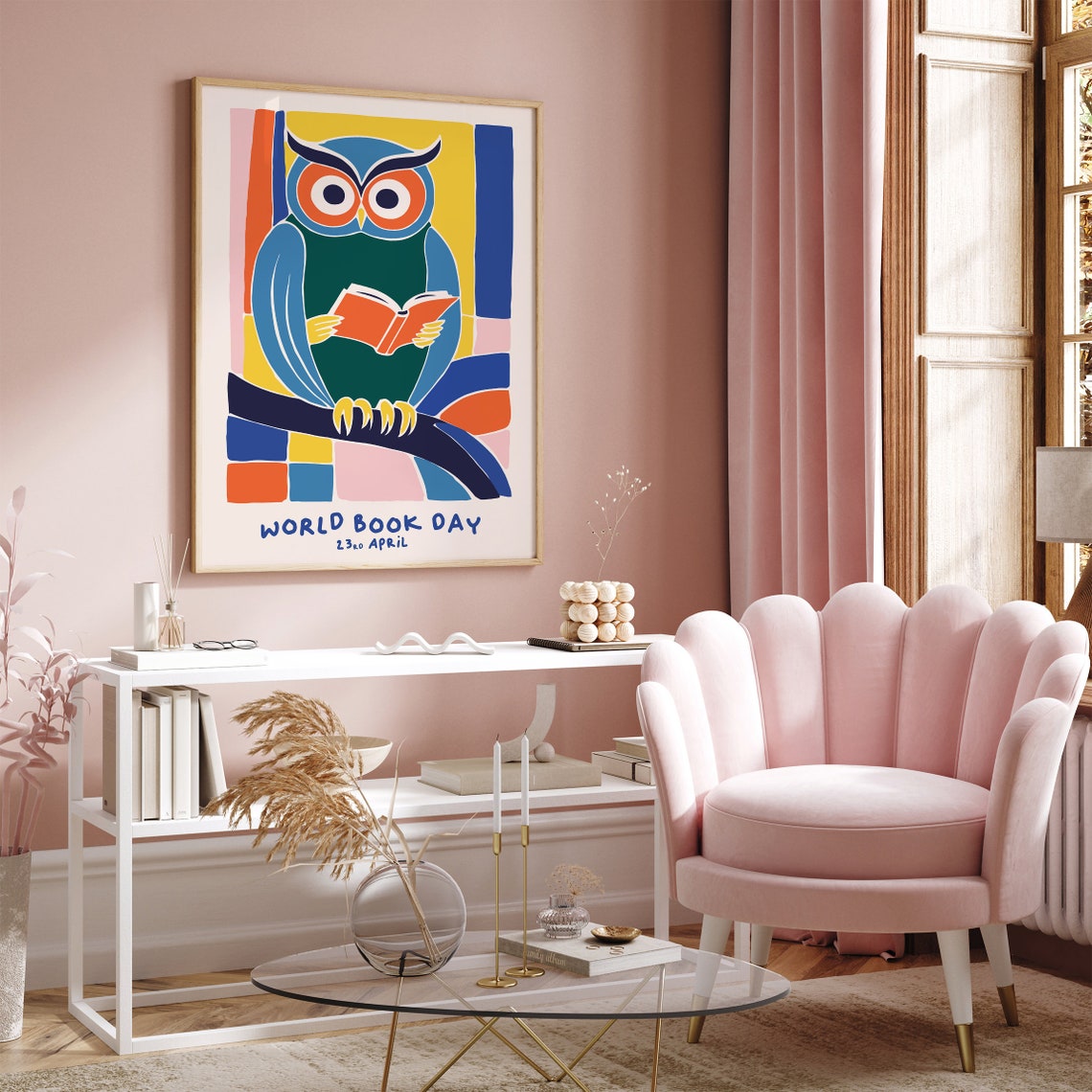 World Book Day Library April Cute Owl Reading Colorful Poster - Image 4