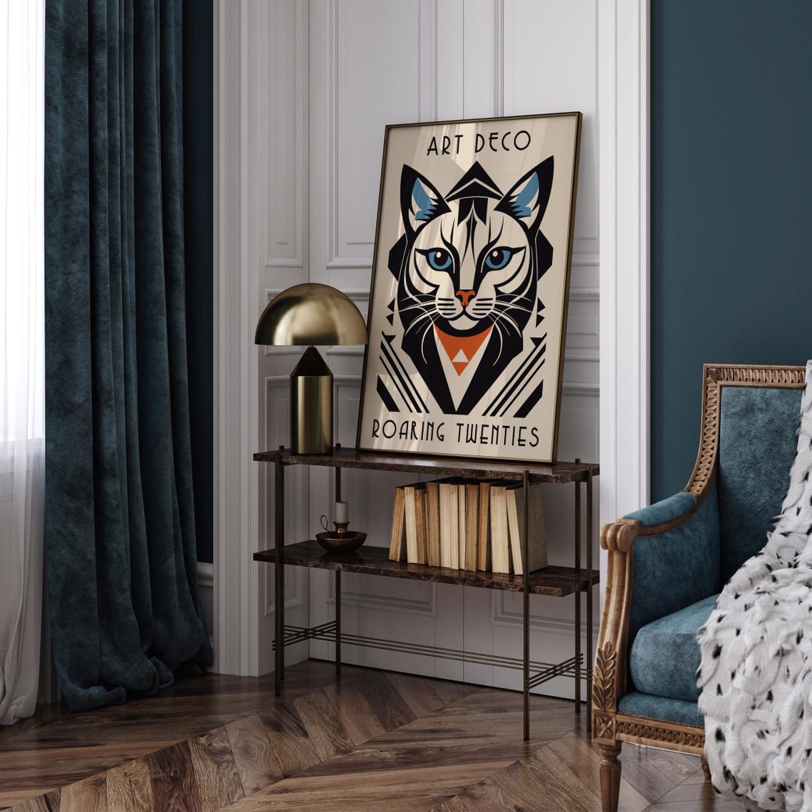 Art Deco Cat Head Blue Eyes Roaring Twenties Geometric Poster - Image 4