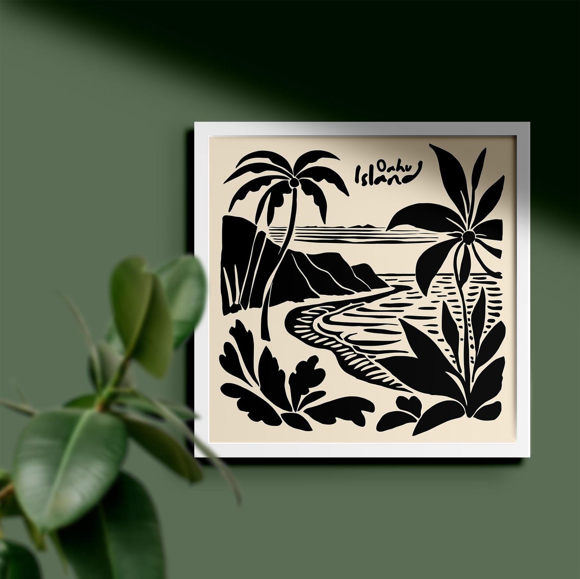 Oahu Island Black White Palm Cove Beach Square Graphic Art Poster - Image 2