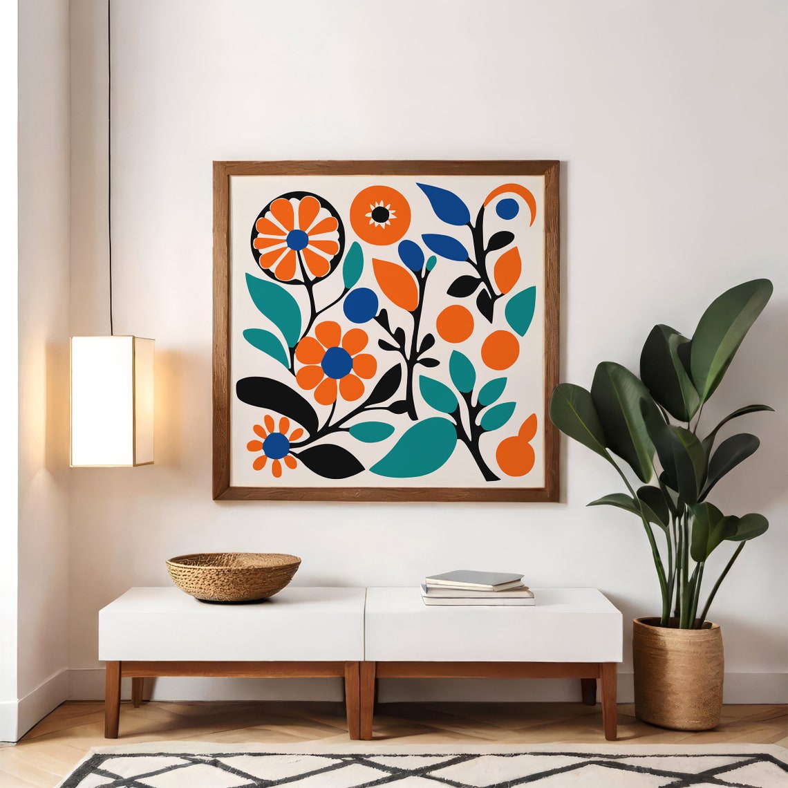 Orange Blue Retro Floral Folk Style Bold Botanical Pattern Print - Image 2