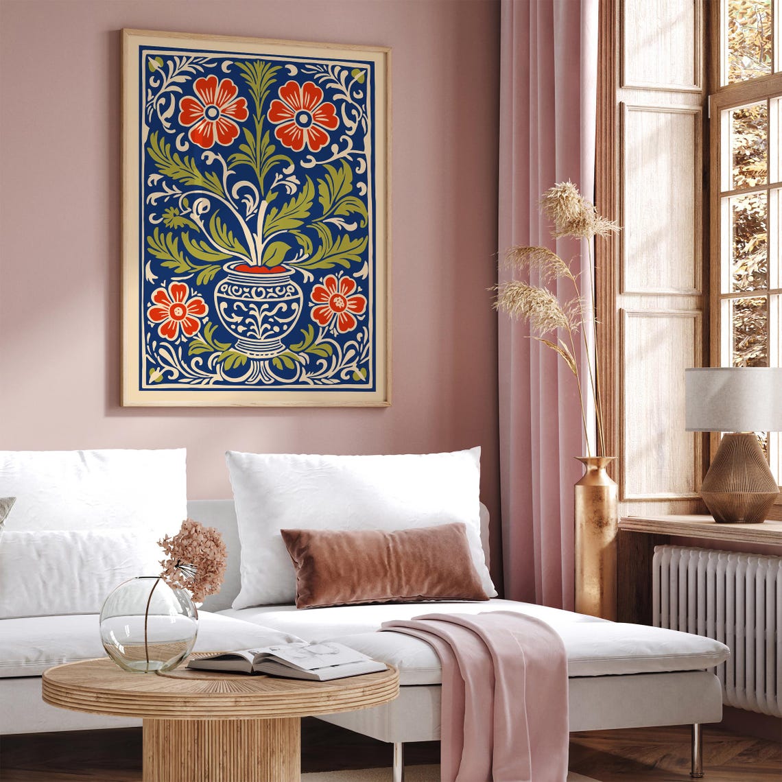 Indigo Blue Rococo Floral Urn Red Blooms Morris Style Poster - Image 2