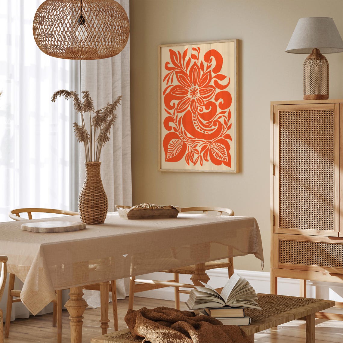 Bold Orange Folk Floral Pattern Modern Boho Style Wall Poster - Image 2