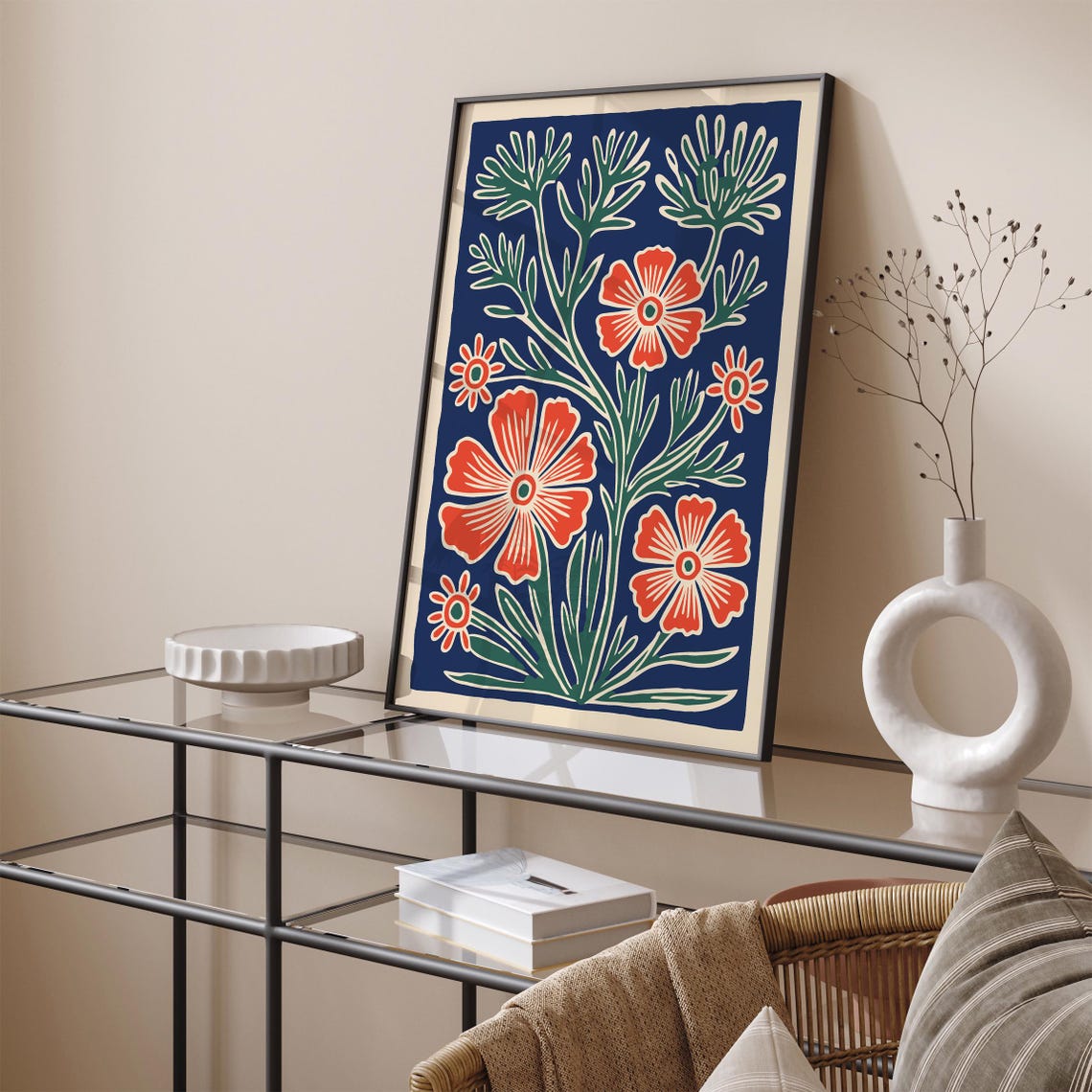 Coral Flower Bouquet on Navy Background Folk Art Botanical Poster - Image 4