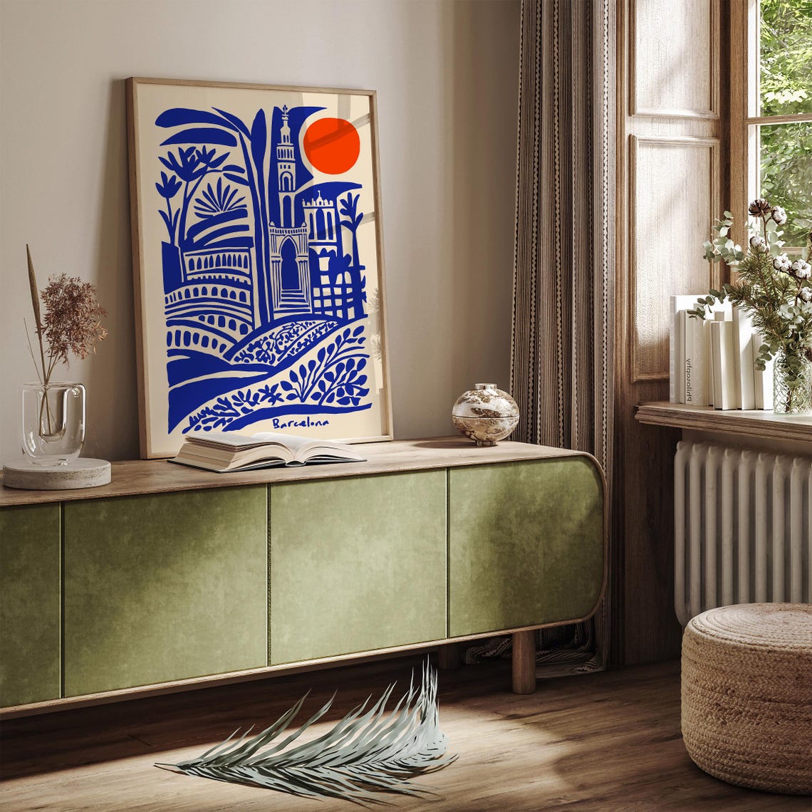 Barcelona Blue Indigo Architecture Red Sun Abstract Art Poster - Image 4