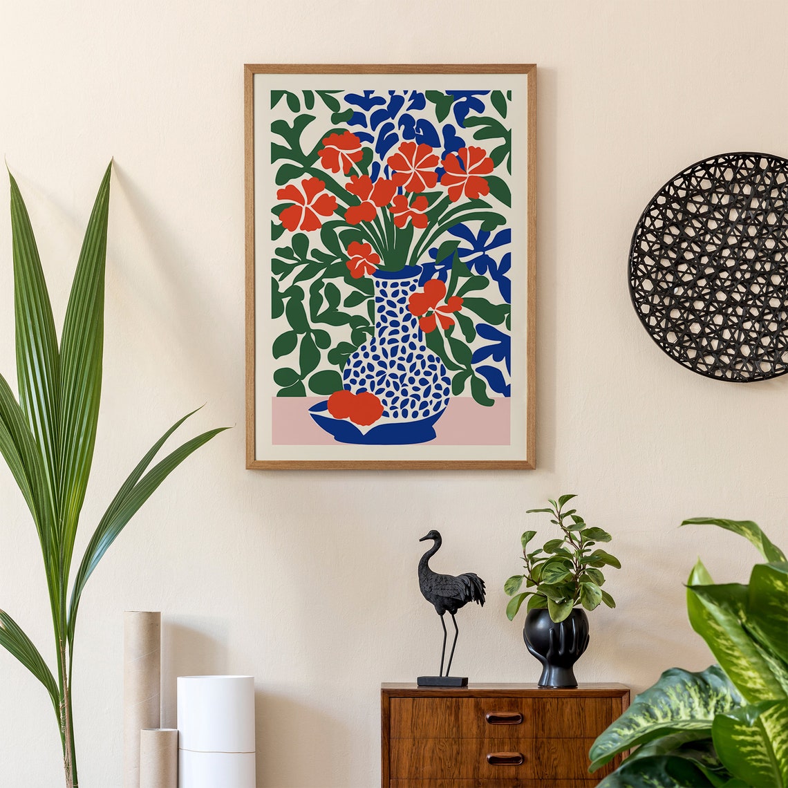 Abstract Retro Flower Botanical Pink Blue Vase Floral Art Poster - Image 4