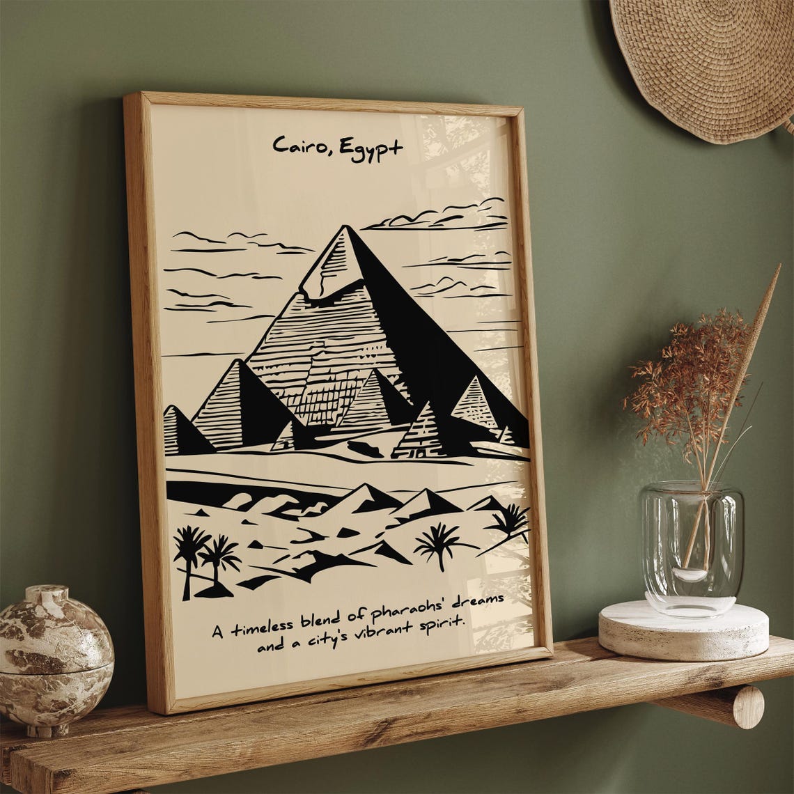 Cairo Egypt Pyramids Black Ink Line Drawing Desert Travel Poster - Image 3