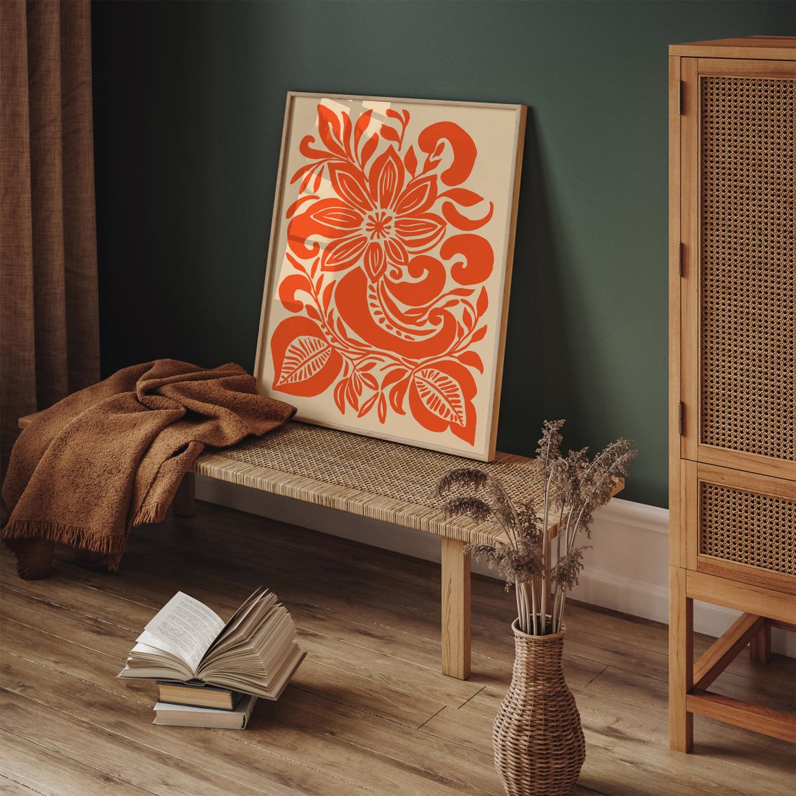 Bold Orange Folk Floral Pattern Modern Boho Style Wall Poster - Image 6