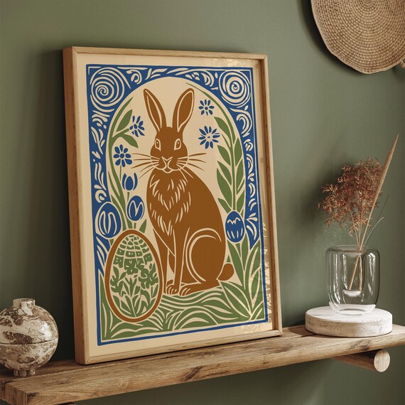 Vintage Easter Bunny Rust Brown Blue Folk Spring Holiday Art Poster