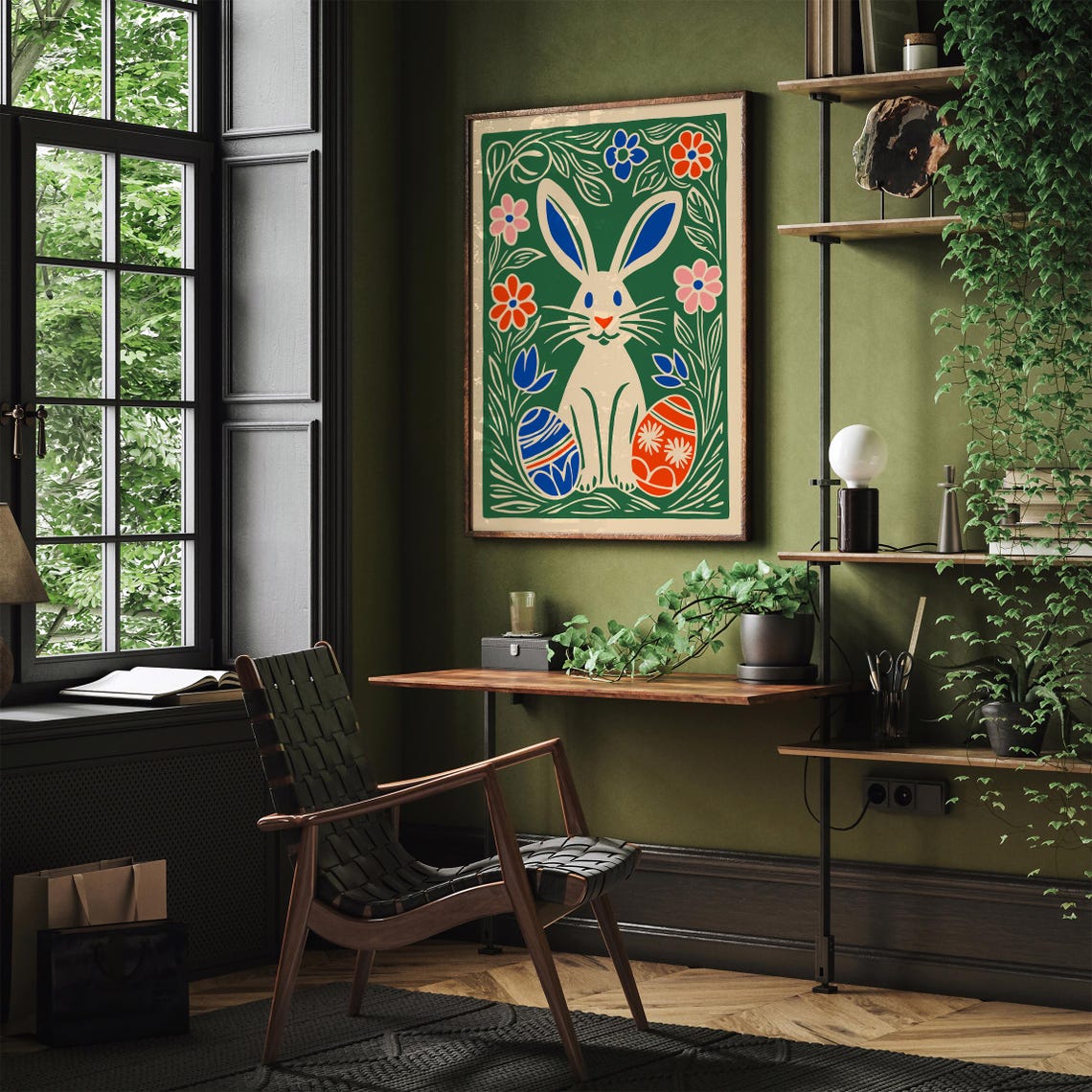 White Easter Bunny Green Meadow Flowers Painted Eggs Art Poster - Image 2