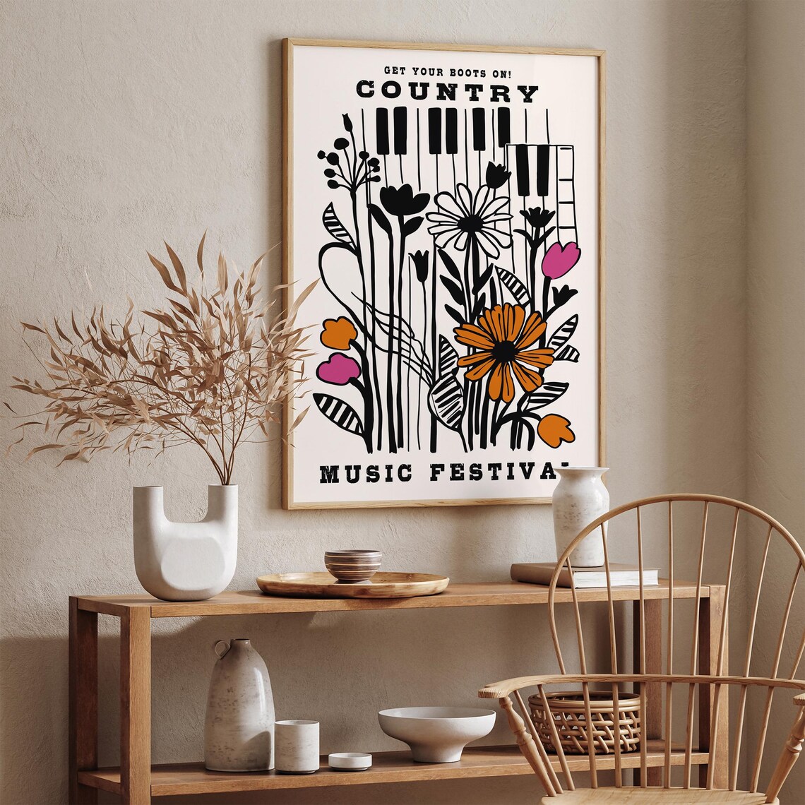 Country Music Festival Floral Piano Keys Retro Western Art Poster - Image 4