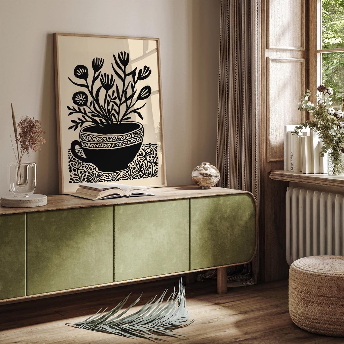 Black Ink Flowers in a Teacup Minimalist Botanical Illustration Poster - Image 2
