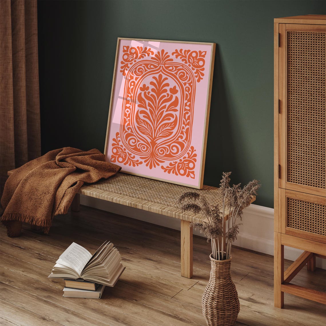 Orange Baroque Floral Medallion on Pink Ornate Vintage Poster - Image 4