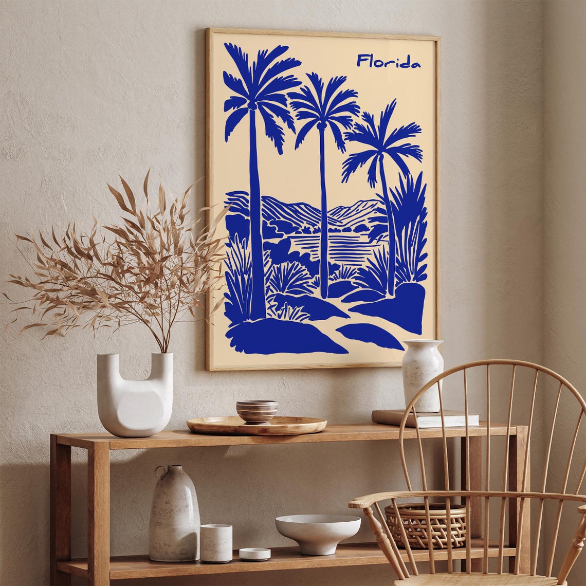 Vintage Florida Palm Trees Blue Linocut Beach Poster On Cream - Image 2