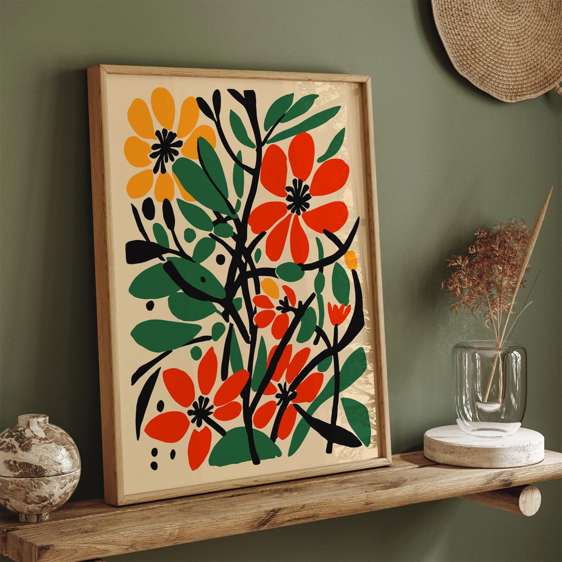 Bold Colorful Mid Century Floral Botanical Illustration Art Poster