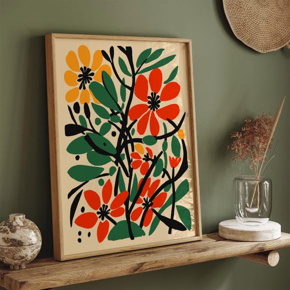 Retro Botanical Art Print Vibrant Indoor Plant Poster Mid Century Style Wall Decor Bold Floral Illustration Rustic Farmhouse Home Decor