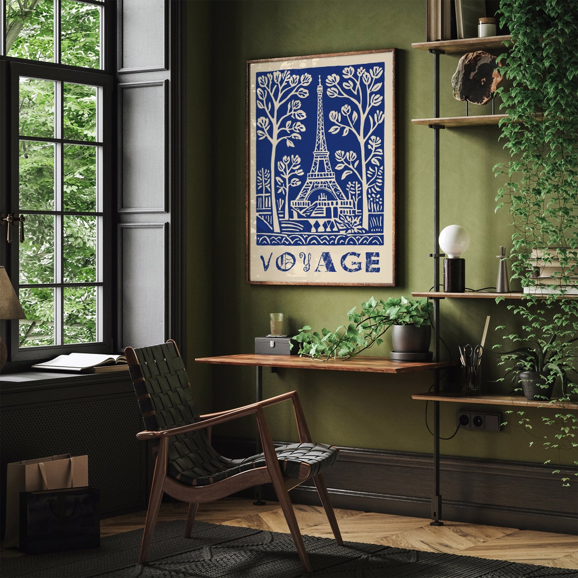 Vintage French Voyage Paris Eiffel Tower Blue Linocut Poster - Image 3