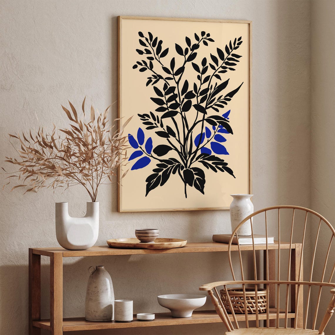 Black Blue Leaf Silhouette Minimalist Botanical Rustic Art Print - Image 2