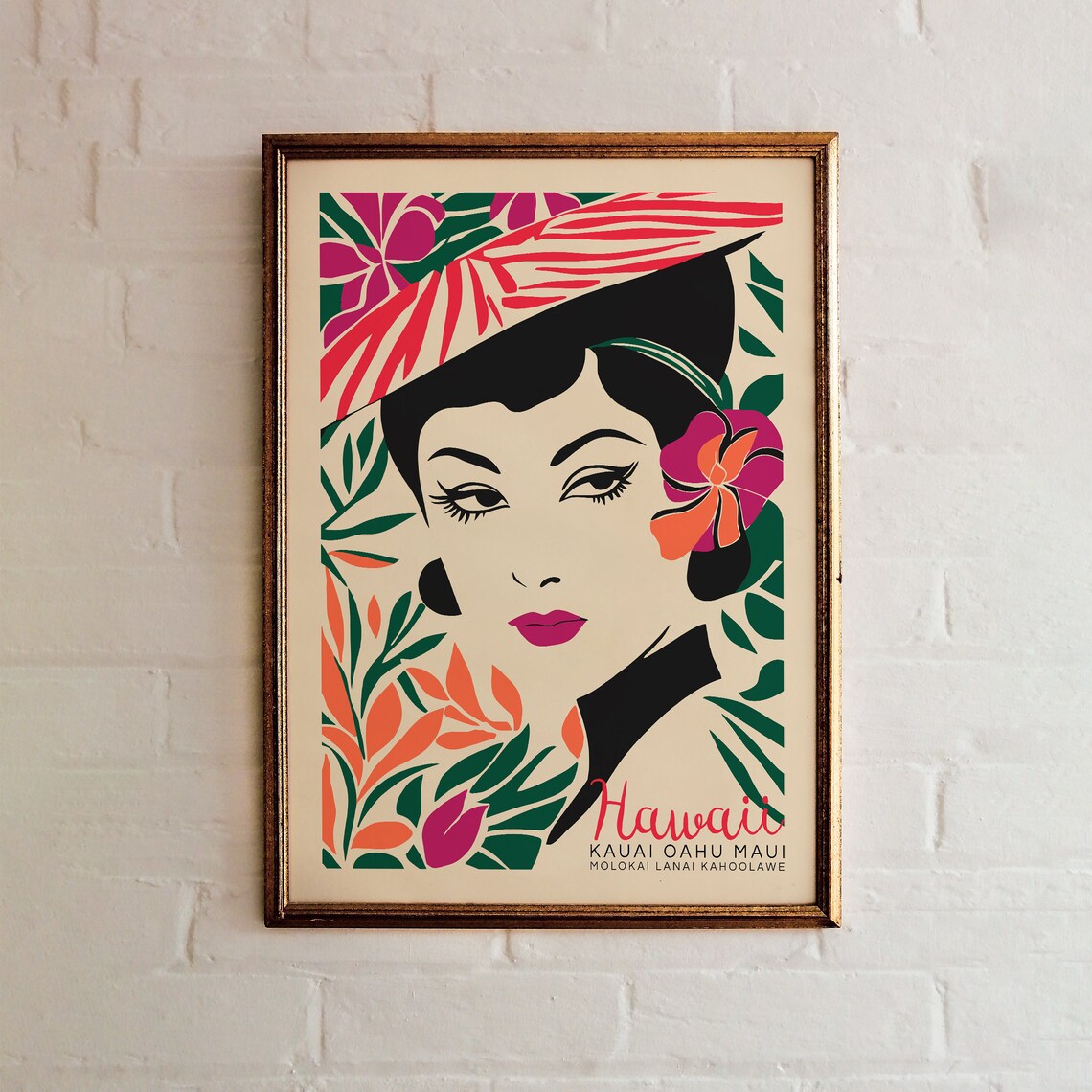 Hawaii Kauai Oahu Maui Woman Tropical Floral Vintage Travel Poster - Image 4