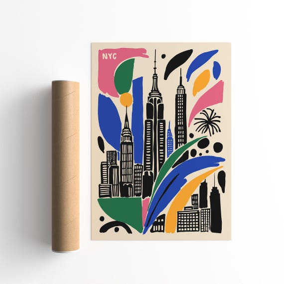 Modern Abstract Nyc Skyline Poster Colorful New York Cityscape Art Print Vibrant Urban Wall Art Bold Contemporary Skyscraper Illustration